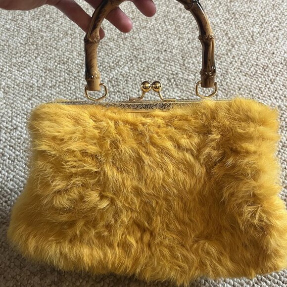 Neiman Marcus Curly Rabbit Fur Bamboo-Style Handle and Gold Kisslock Bag - Picture 1 of 6
